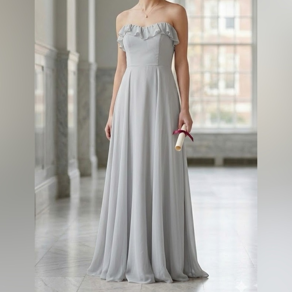 BHLDN Macau Fog Strapless Chiffon Ruffle Maxi Dress Sz 2 Wedding Guest